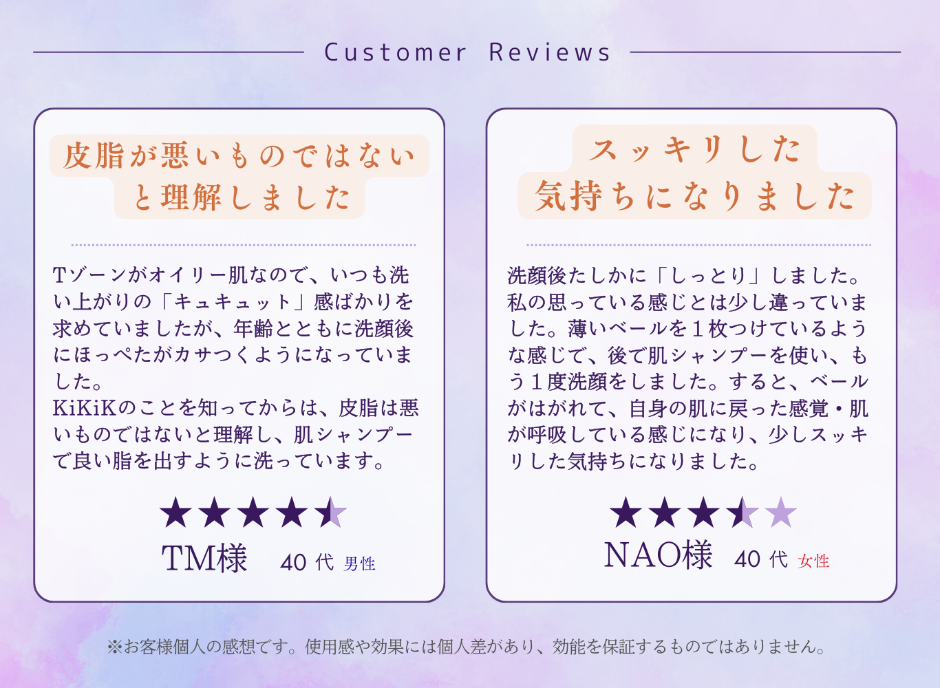 KiKiK TOKYO 肌シャンプー お客様レビュー｜洗顔後にしっとり感と肌の呼吸を感じスッキリしたと語る40代女性の口コミ