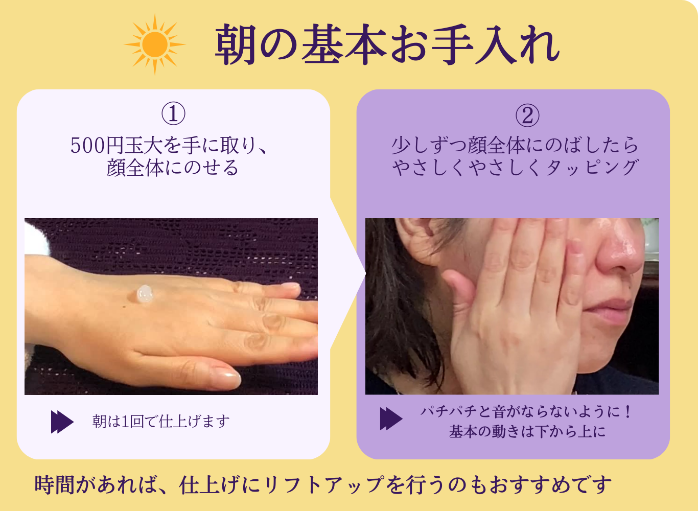 KiKiK Jewel 朝のお手入れ方法 500円玉大を顔全体にのせ優しくタッピング 基本スキンケア手順