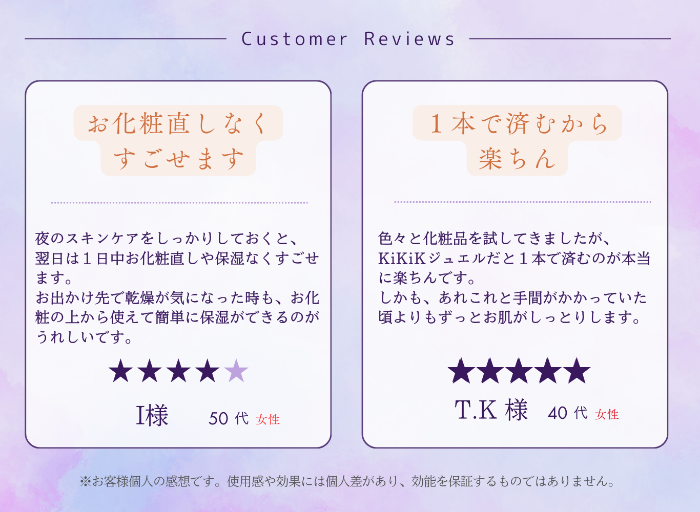 KiKiK Jewel お客様の声 50代女性 I様 40代女性 T.K様 お化粧直し不要 1本で済むと喜びのレビュー