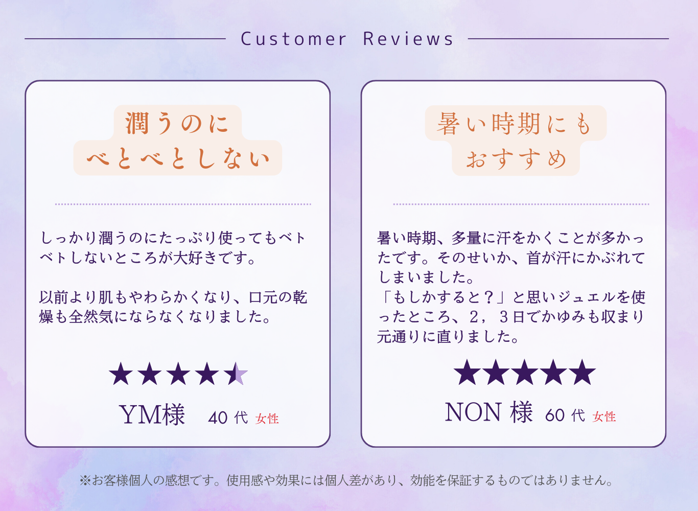 KiKiK Jewel お客様の声 40代女性 YM様 しっかり潤うのにベタつかない 高評価レビュー